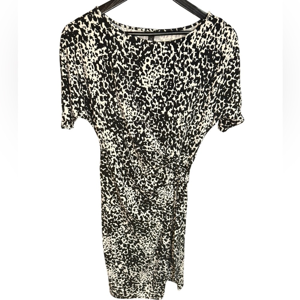 Ann Taylor Small Modern Leopard Print Ruched Wrap Dress Black White Work Casual